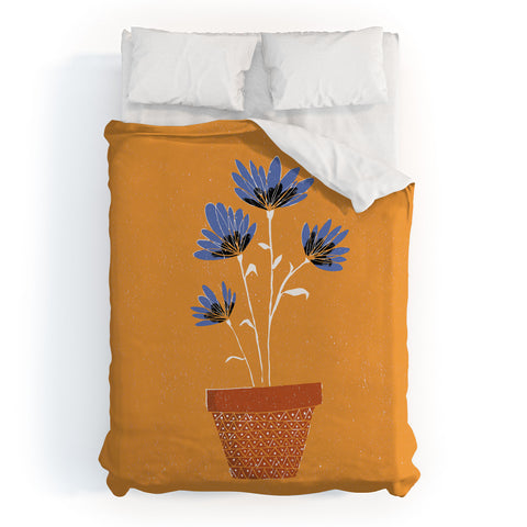 justin shiels blue flowers on orange background Duvet Cover