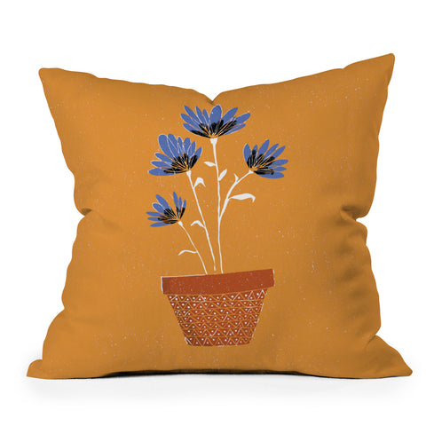 justin shiels blue flowers on orange background Outdoor Throw Pillow