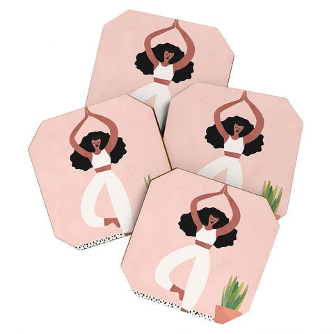 justin shiels Yoga Woman Watercolor with plants Coaster Set