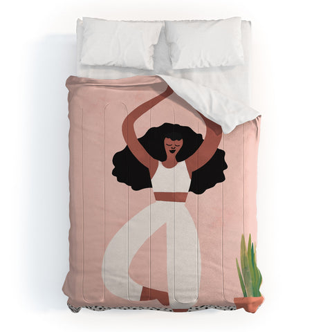 justin shiels Yoga Woman Watercolor with plants Comforter