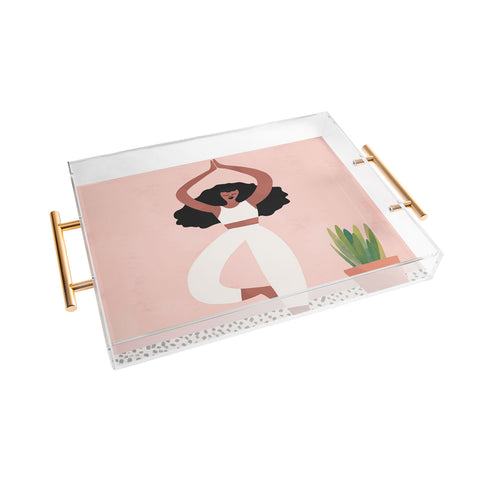 justin shiels Yoga Woman Watercolor with plants Acrylic Tray