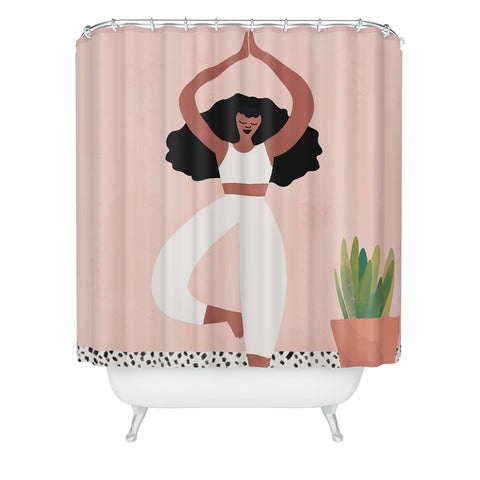 justin shiels Yoga Woman Watercolor with plants Shower Curtain