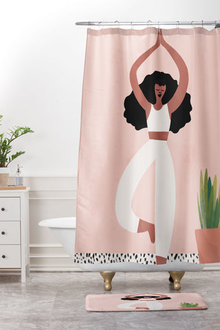 justin shiels Yoga Woman Watercolor with plants Shower Curtain And Mat