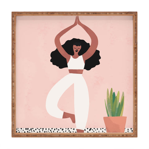 justin shiels Yoga Woman Watercolor with plants Square Tray