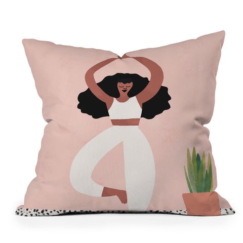 justin shiels Yoga Woman Watercolor with plants Throw Pillow