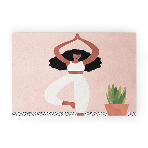 justin shiels Yoga Woman Watercolor with plants Welcome Mat