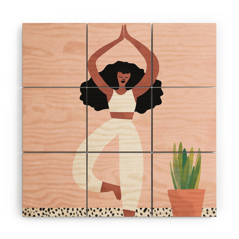 justin shiels Yoga Woman Watercolor with plants Wood Wall Mural