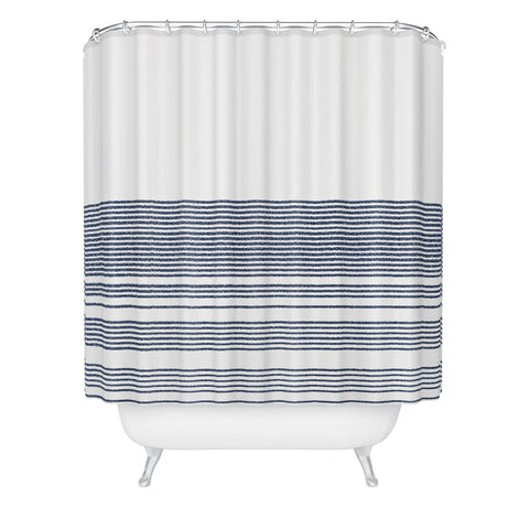 Kierkegaard Design Studio organic stripes naut navy blue and white Shower Curtain