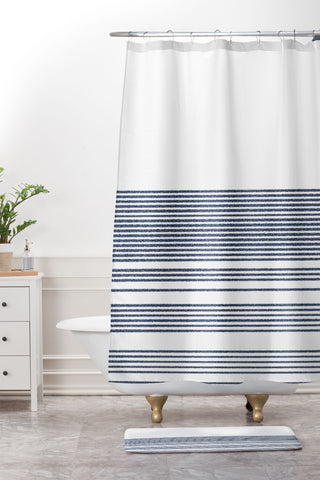 Kierkegaard Design Studio organic stripes naut navy blue and white Shower Curtain And Mat