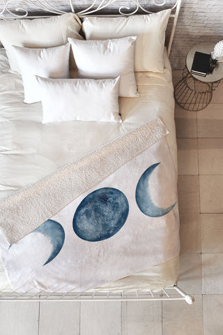 Kris Kivu Blue Moon Phases Watercolor Fleece Throw Blanket