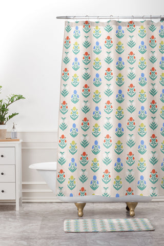 KrissyMast Block Print Flowers in Primary Shower Curtain And Mat