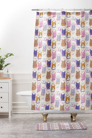 KrissyMast Cats in Purple and Brown Shower Curtain And Mat