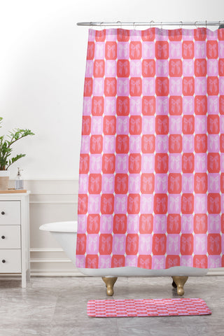 KrissyMast Checkerboard Bows in Pink Shower Curtain And Mat