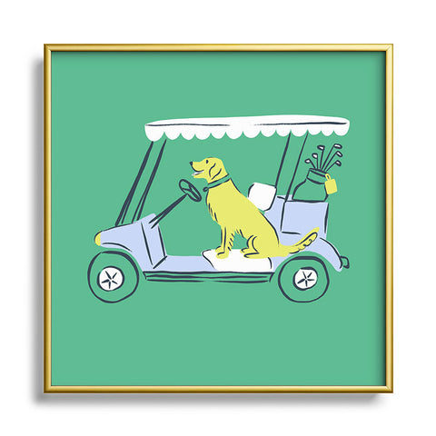 KrissyMast Golf Cart Golden Retriever Square Metal Framed Art Print