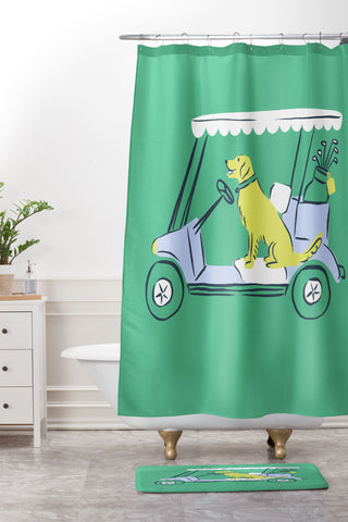 KrissyMast Golf Cart Golden Retriever Shower Curtain And Mat