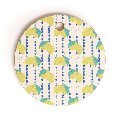 KrissyMast Lemons with Wavy Stripe Cutting Board Round
