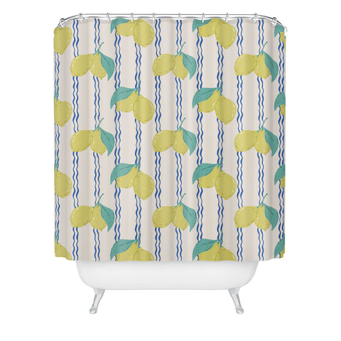 KrissyMast Lemons with Wavy Stripe Shower Curtain