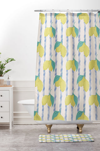 KrissyMast Lemons with Wavy Stripe Shower Curtain And Mat