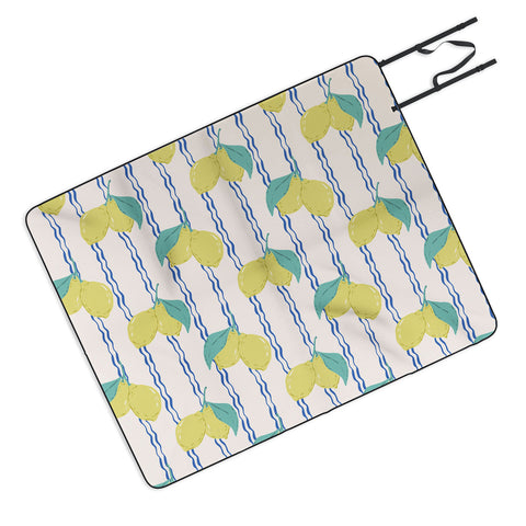 KrissyMast Lemons with Wavy Stripe Picnic Blanket