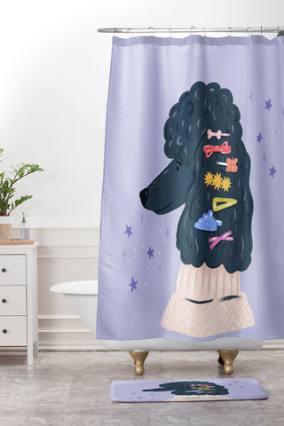 KrissyMast Poodle with Rainbow Barrettes Shower Curtain And Mat