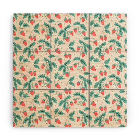 KrissyMast Strawberries with Flowers Wood Wall Mural