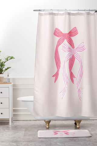 KrissyMast Striped Bows in Pinks Shower Curtain And Mat