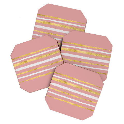 Lara Kulpa Gold and White Stripe on Blush Coaster Set