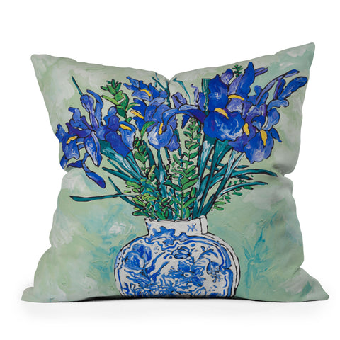 Lara Lee Meintjes Iris Bouquet in Chinoiserie Vase on Blue and White Striped Tablecloth on Painterly Mint Green Outdoor Throw Pillow