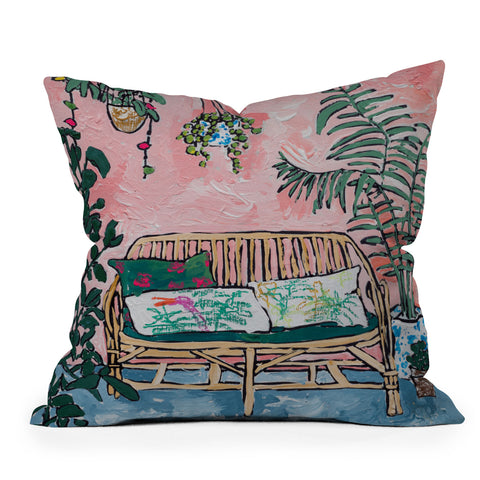 Lara Lee Meintjes Rattan Bench in Painterly Pink Jungle Room Outdoor Throw Pillow