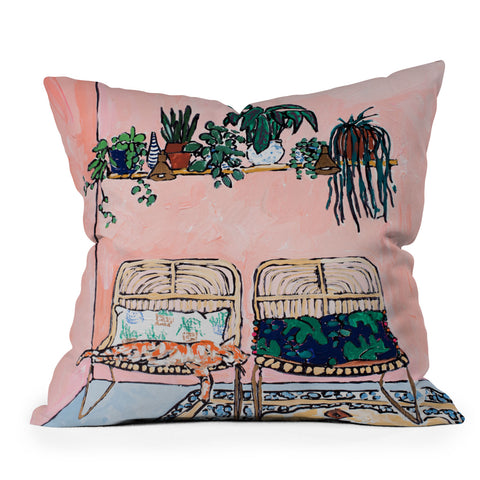 Lara Lee Meintjes Two Chairs and a Napping Ginger Cat Outdoor Throw Pillow