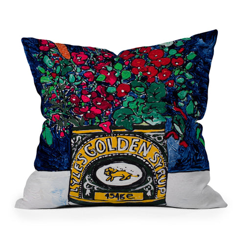 Lara Lee Meintjes Wild Flowers in Golden Syrup Tin on Blue Outdoor Throw Pillow