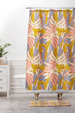Lathe & Quill Color Block Monstera Pink Shower Curtain And Mat