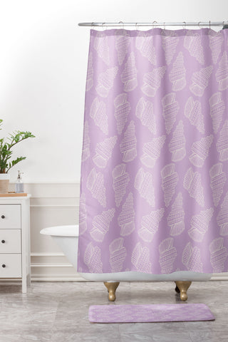 Lathe & Quill Conch Shell on Lavender Shower Curtain And Mat