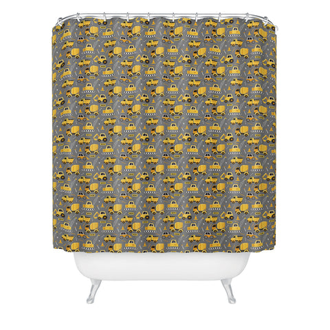 Lathe & Quill Construction Trucks on Gray Shower Curtain
