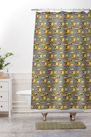 Lathe & Quill Construction Trucks on Gray Shower Curtain And Mat
