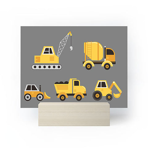 Lathe & Quill Construction Trucks on Gray Mini Art Print