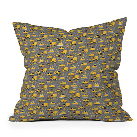 Lathe & Quill Construction Trucks on Gray Outdoor Throw Pillow