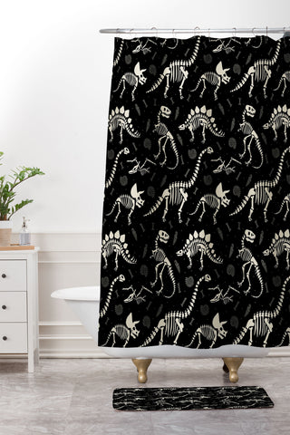 Lathe & Quill Dinosaur Fossils on Black Shower Curtain And Mat