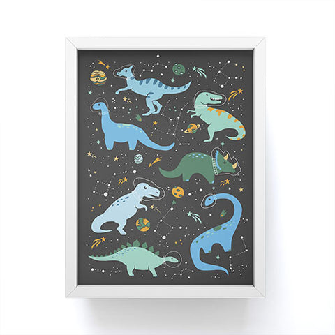 Lathe & Quill Dinosaurs in Space in Blue Framed Mini Art Print