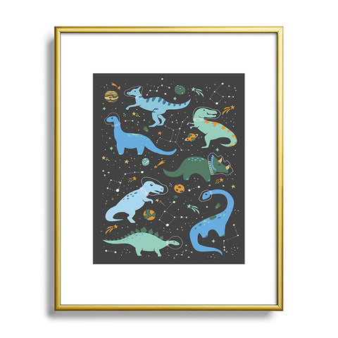 Lathe & Quill Dinosaurs in Space in Blue Metal Framed Art Print