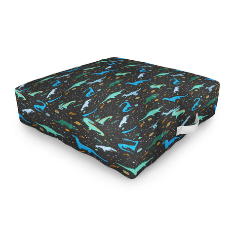 Lathe & Quill Dinosaurs in Space in Blue Outdoor Floor Cushion