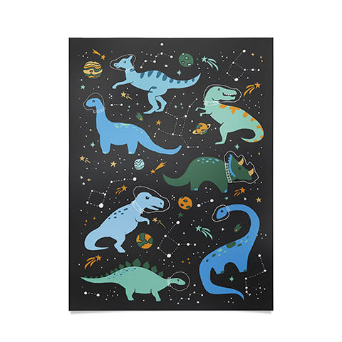 Lathe & Quill Dinosaurs in Space in Blue Poster