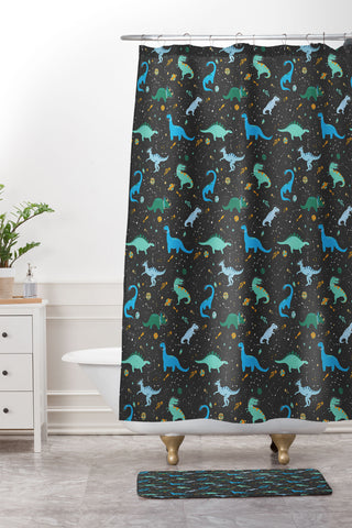 Lathe & Quill Dinosaurs in Space in Blue Shower Curtain And Mat