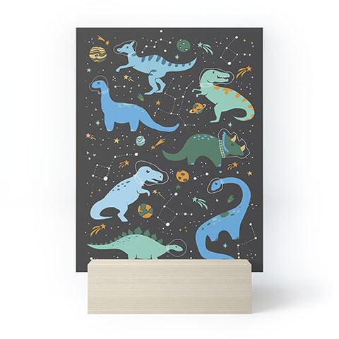 Lathe & Quill Dinosaurs in Space in Blue Mini Art Print