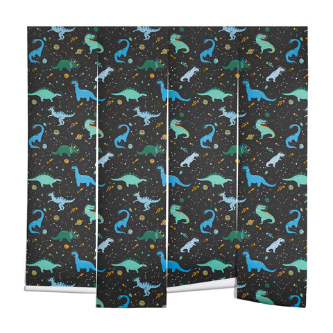 Lathe & Quill Dinosaurs in Space in Blue Wall Mural