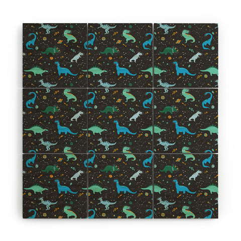 Lathe & Quill Dinosaurs in Space in Blue Wood Wall Mural