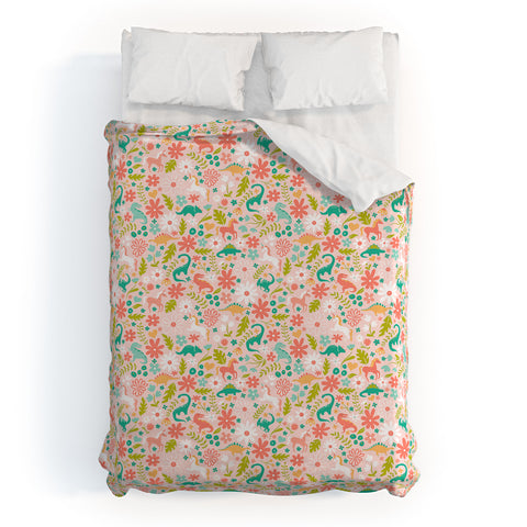 Lathe & Quill Dinosaurs Unicorns in Pink Teal Duvet Cover