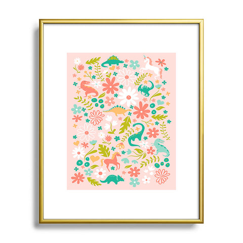 Lathe & Quill Dinosaurs Unicorns in Pink Teal Metal Framed Art Print