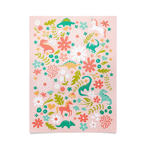Lathe & Quill Dinosaurs Unicorns in Pink Teal Poster