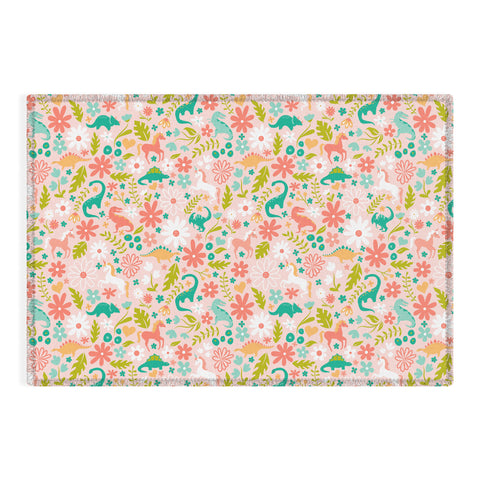 Lathe & Quill Dinosaurs Unicorns in Pink Teal Outdoor Rug
